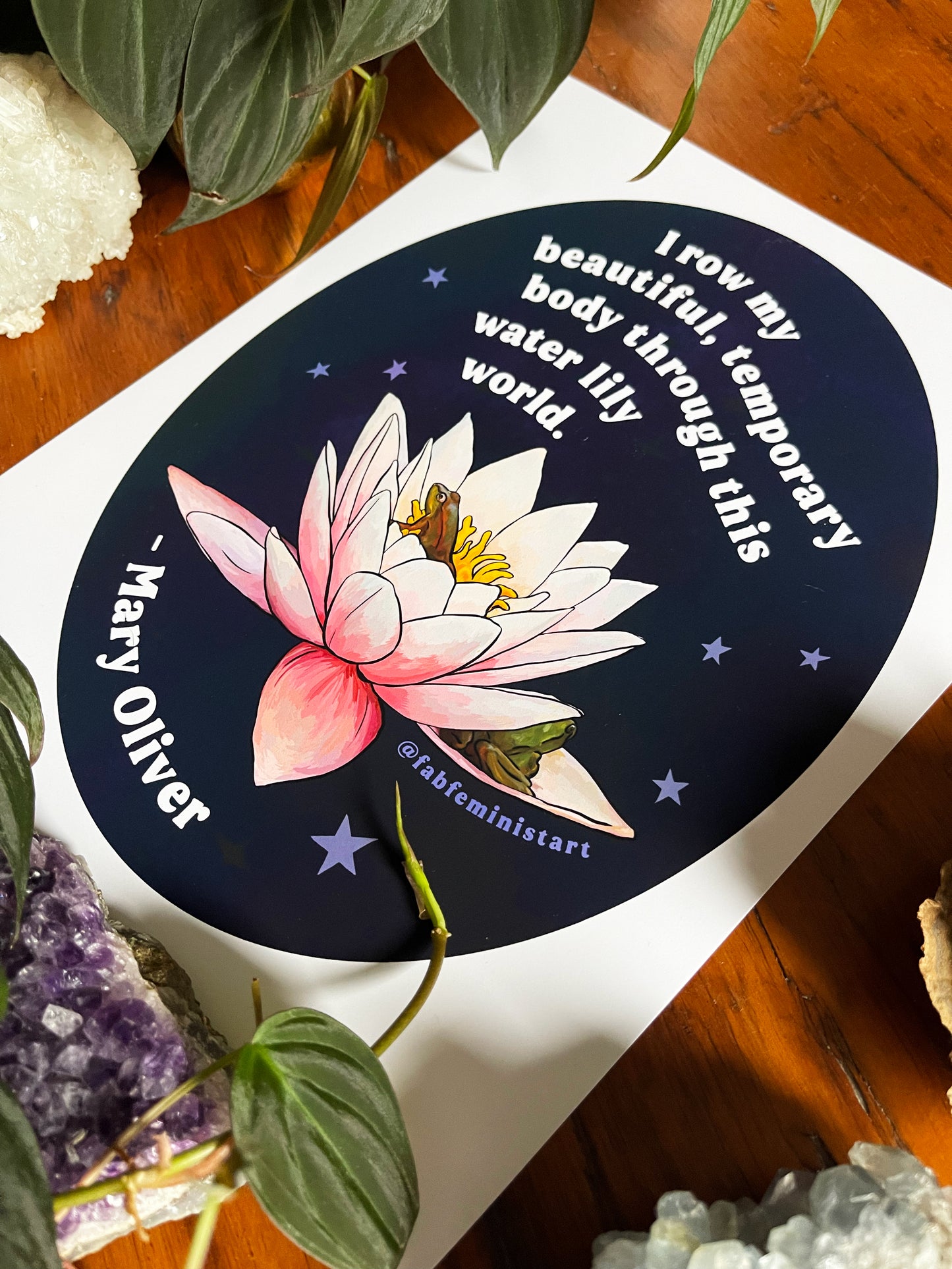 I row my beautiful, temporary body through this water lily world, Mary Oliver: Feminist Art Print