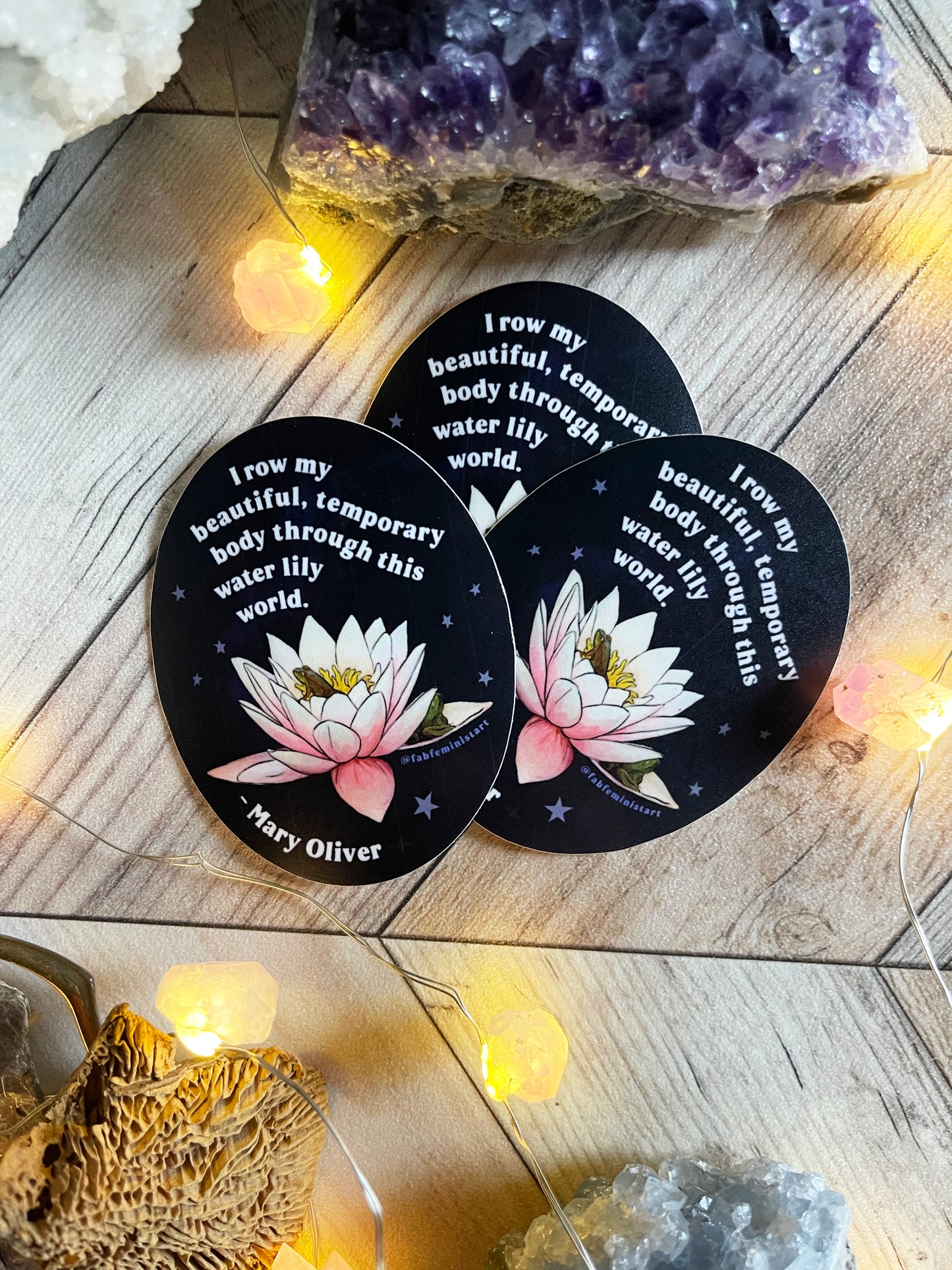 I row my beautiful temporary body through this water lily world, Mary Oliver: Feminist Sticker