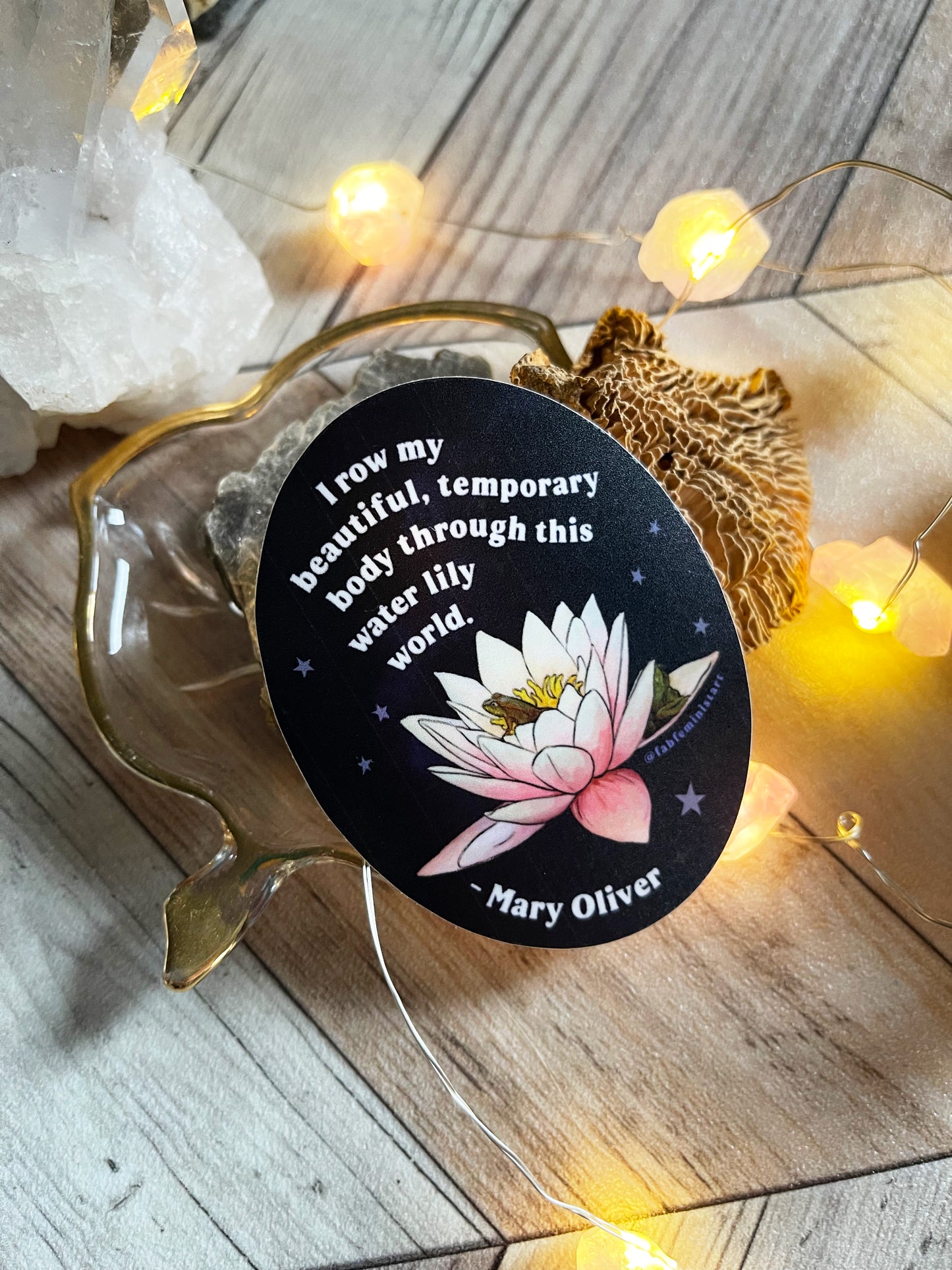 I row my beautiful temporary body through this water lily world, Mary Oliver: Feminist Sticker