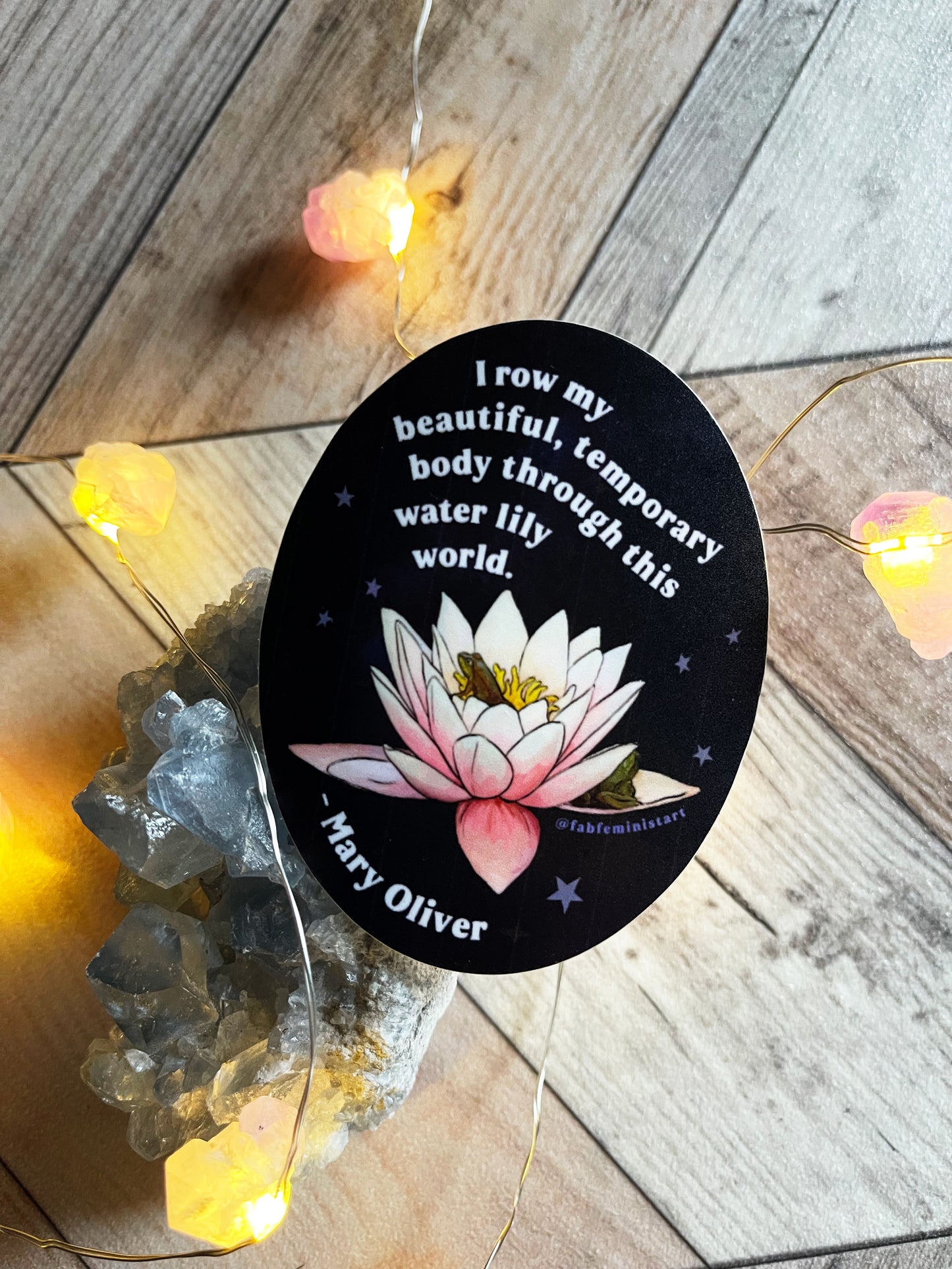 I row my beautiful temporary body through this water lily world, Mary Oliver: Feminist Sticker