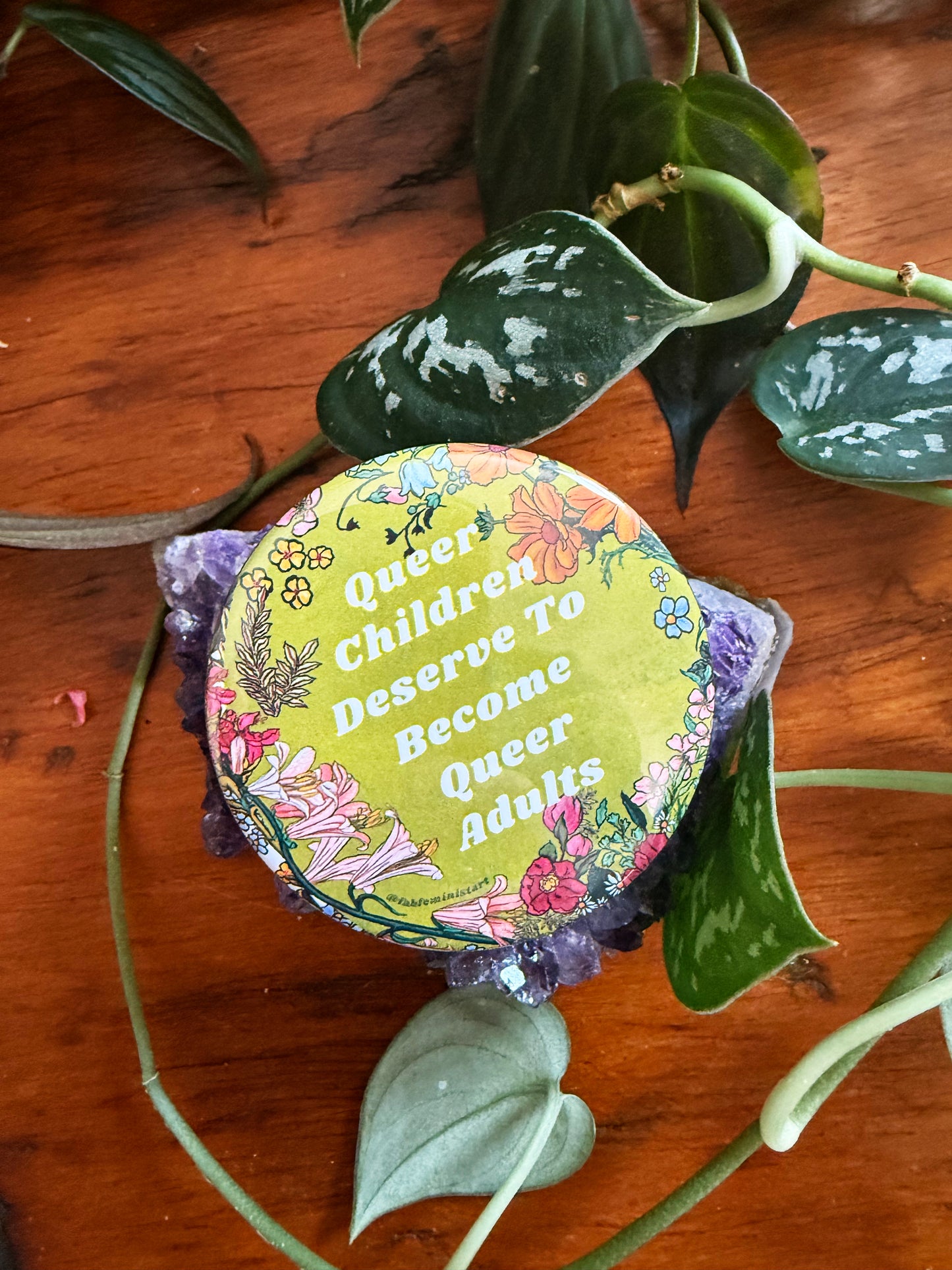 Queer children deserve to become queer adults: Feminist Pinback Button