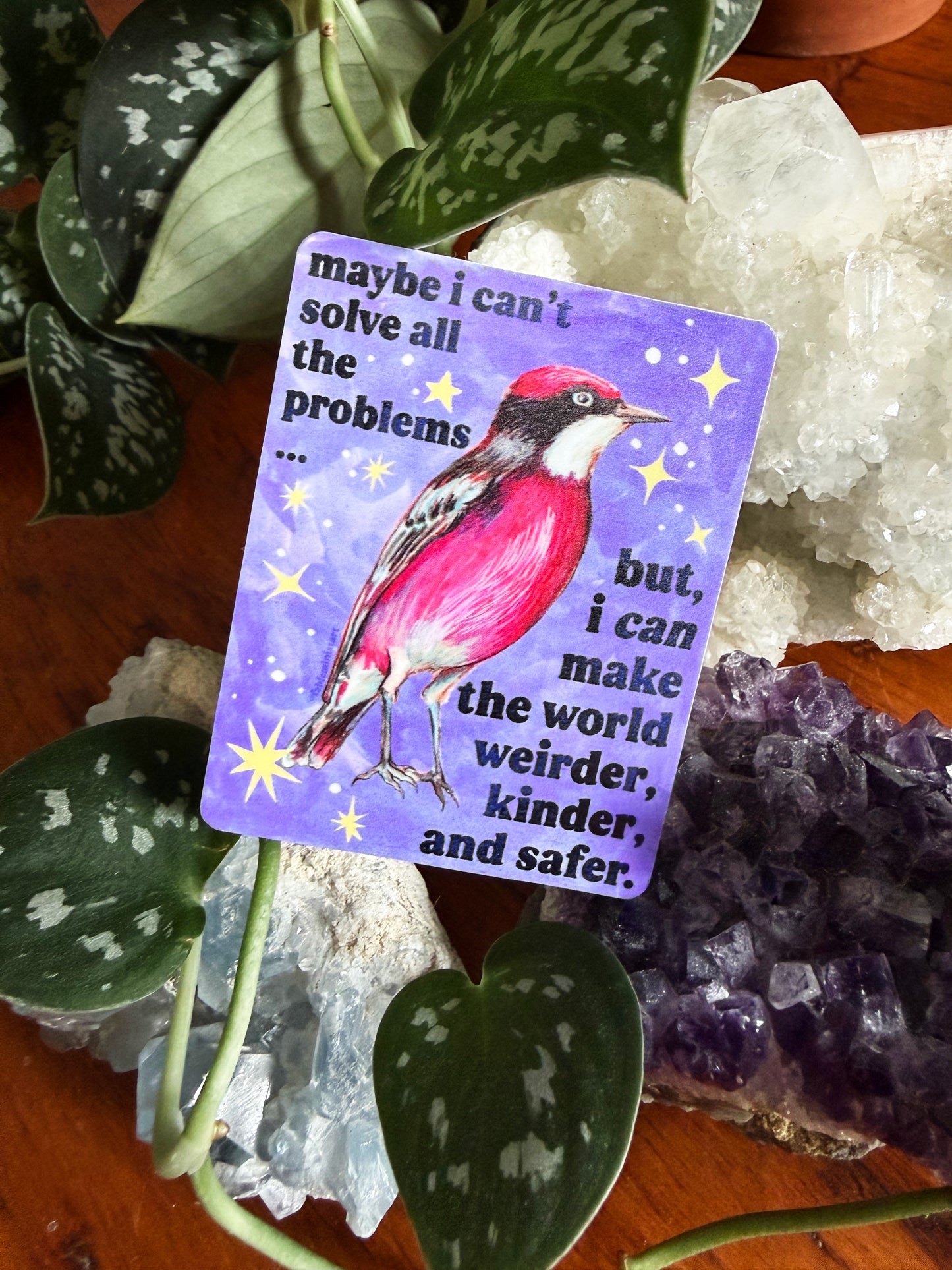 maybe i can't solve all the problems but, I can make the world weirder, kinder, and safer: feminist sticker