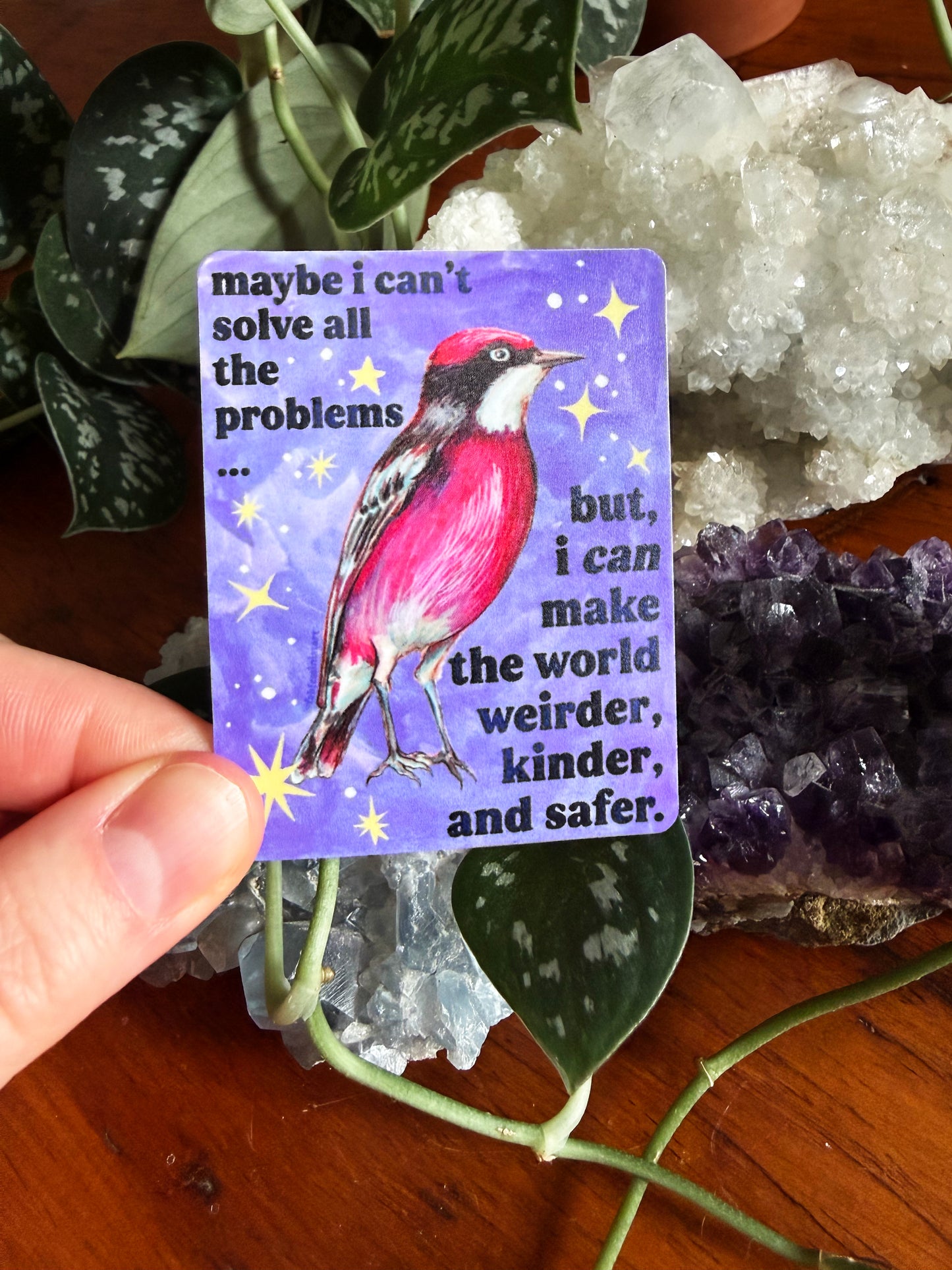maybe i can't solve all the problems but, I can make the world weirder, kinder, and safer: feminist sticker