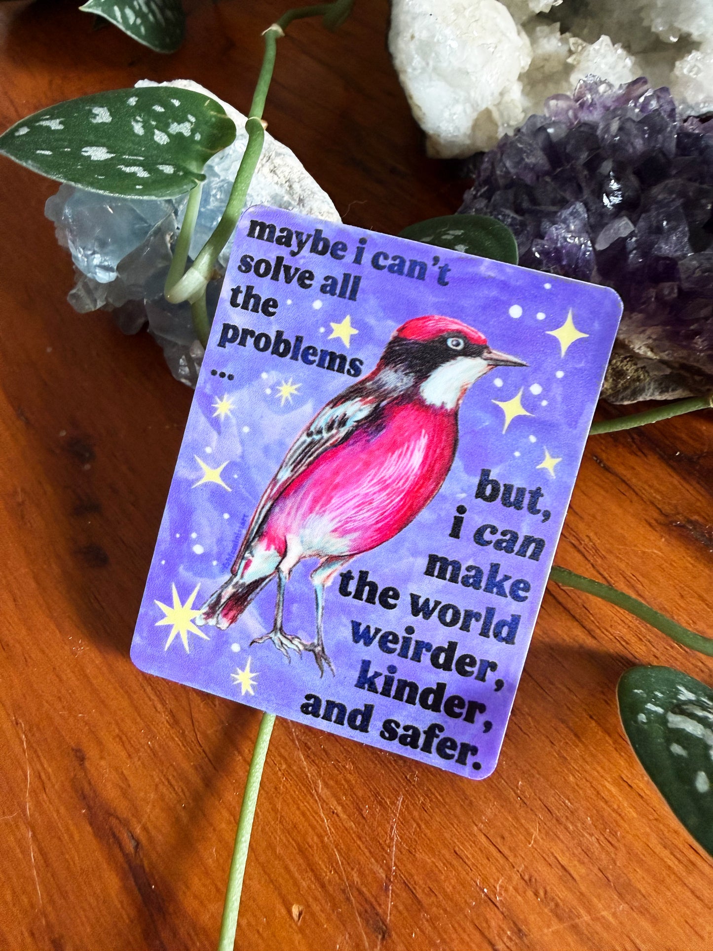 maybe i can't solve all the problems but, I can make the world weirder, kinder, and safer: feminist sticker