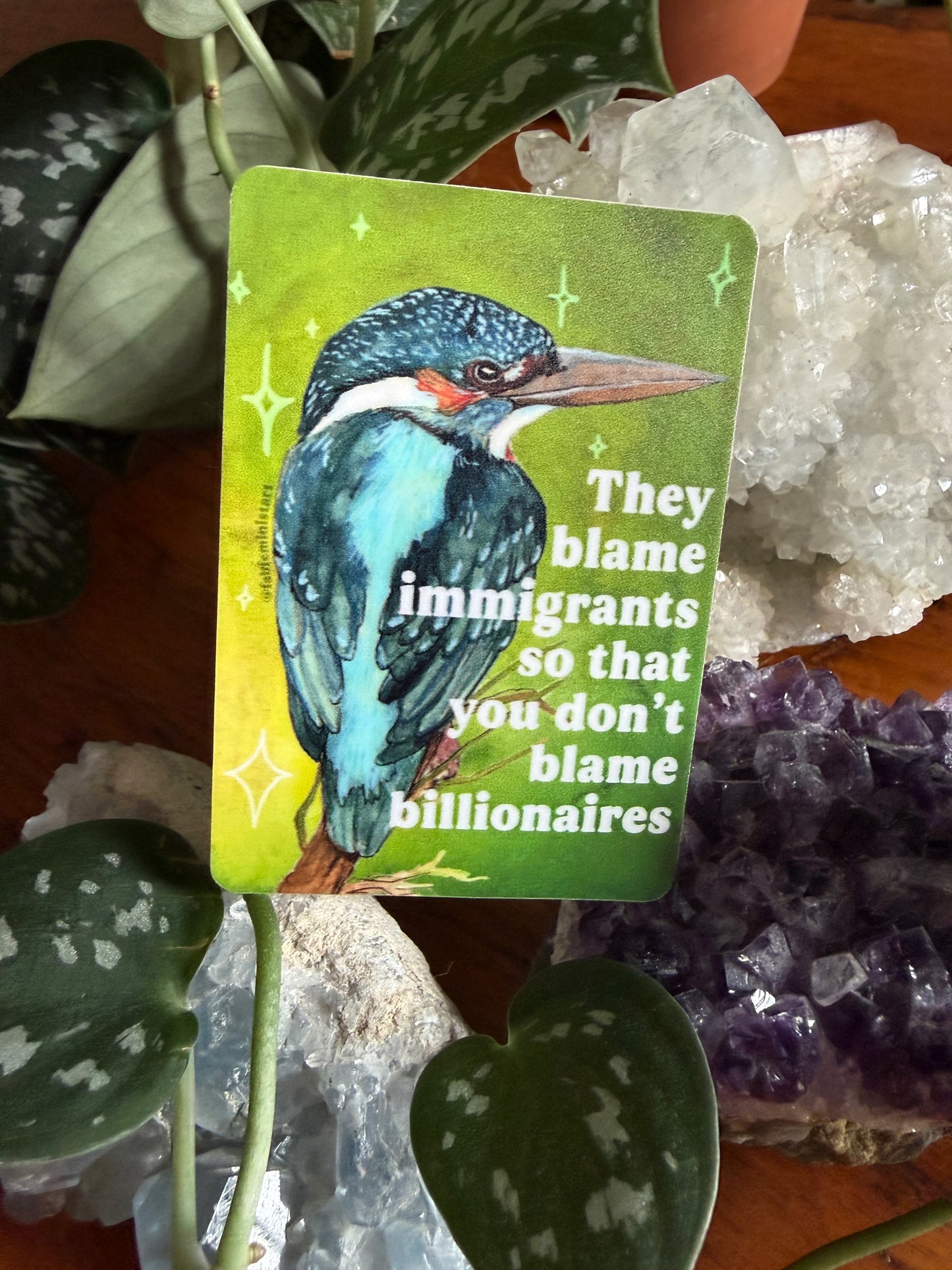They blame immigrants so you don't blame billionaires: feminist sticker