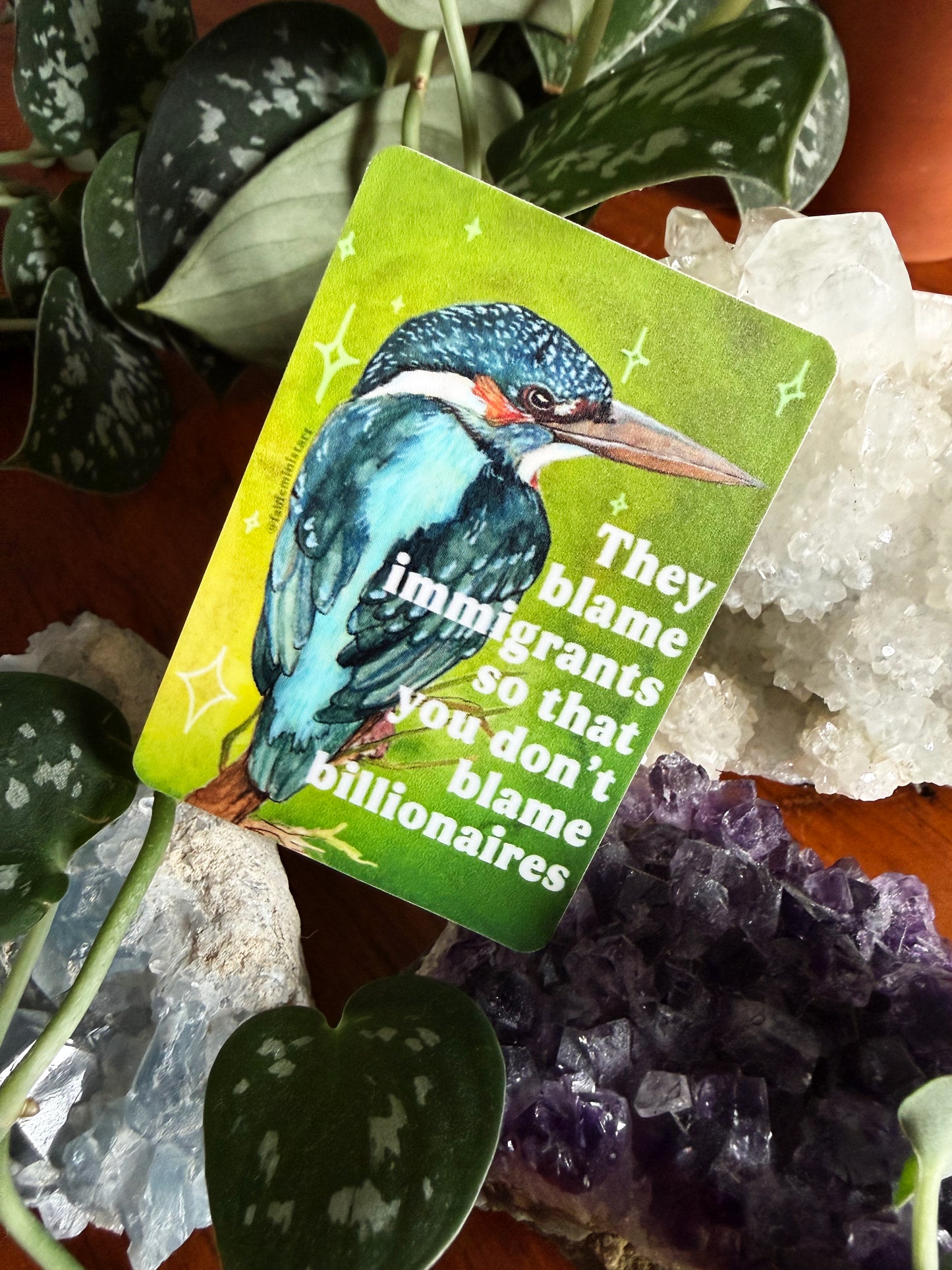 They blame immigrants so you don't blame billionaires: feminist sticker