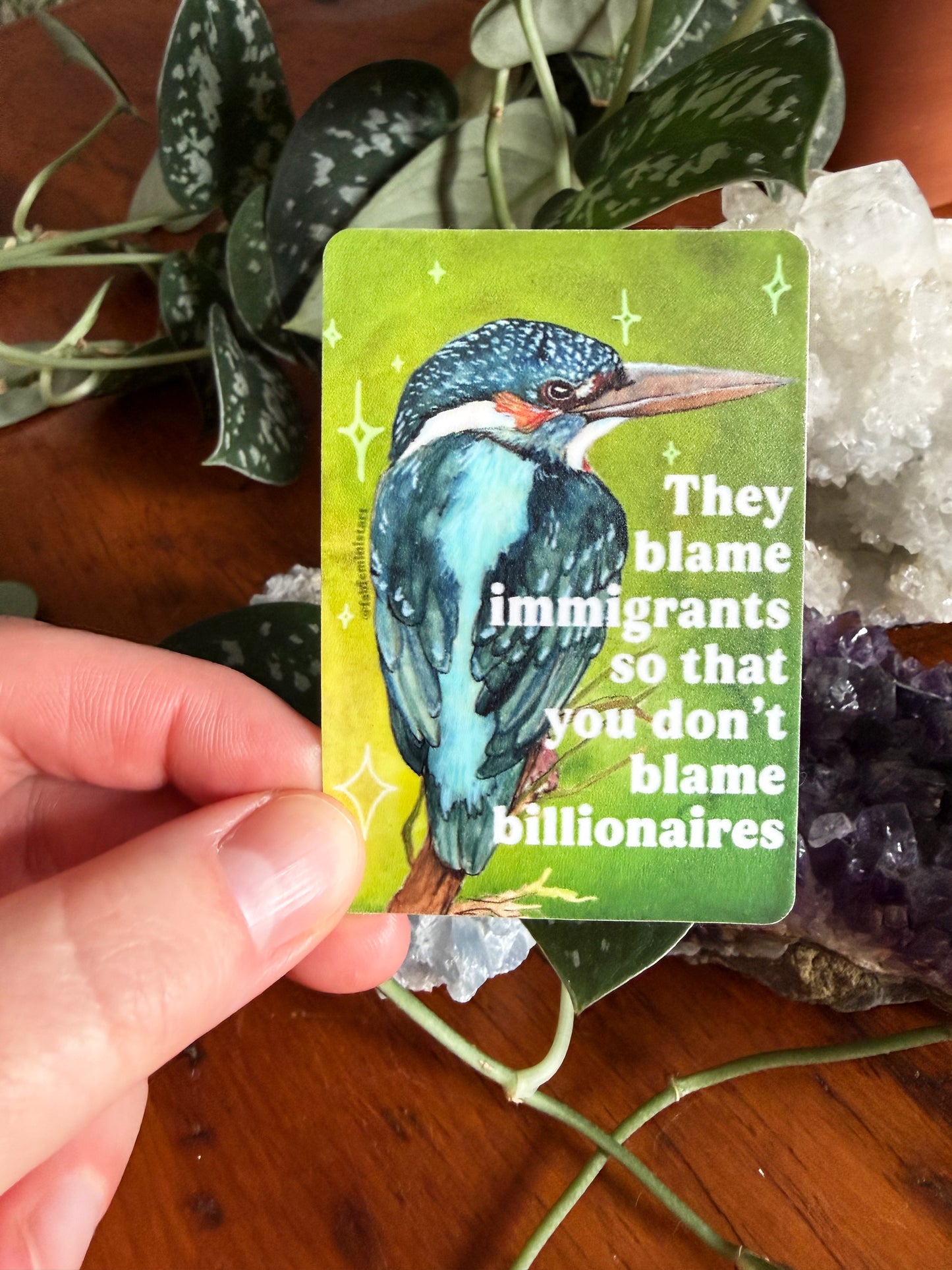 They blame immigrants so you don't blame billionaires: feminist sticker