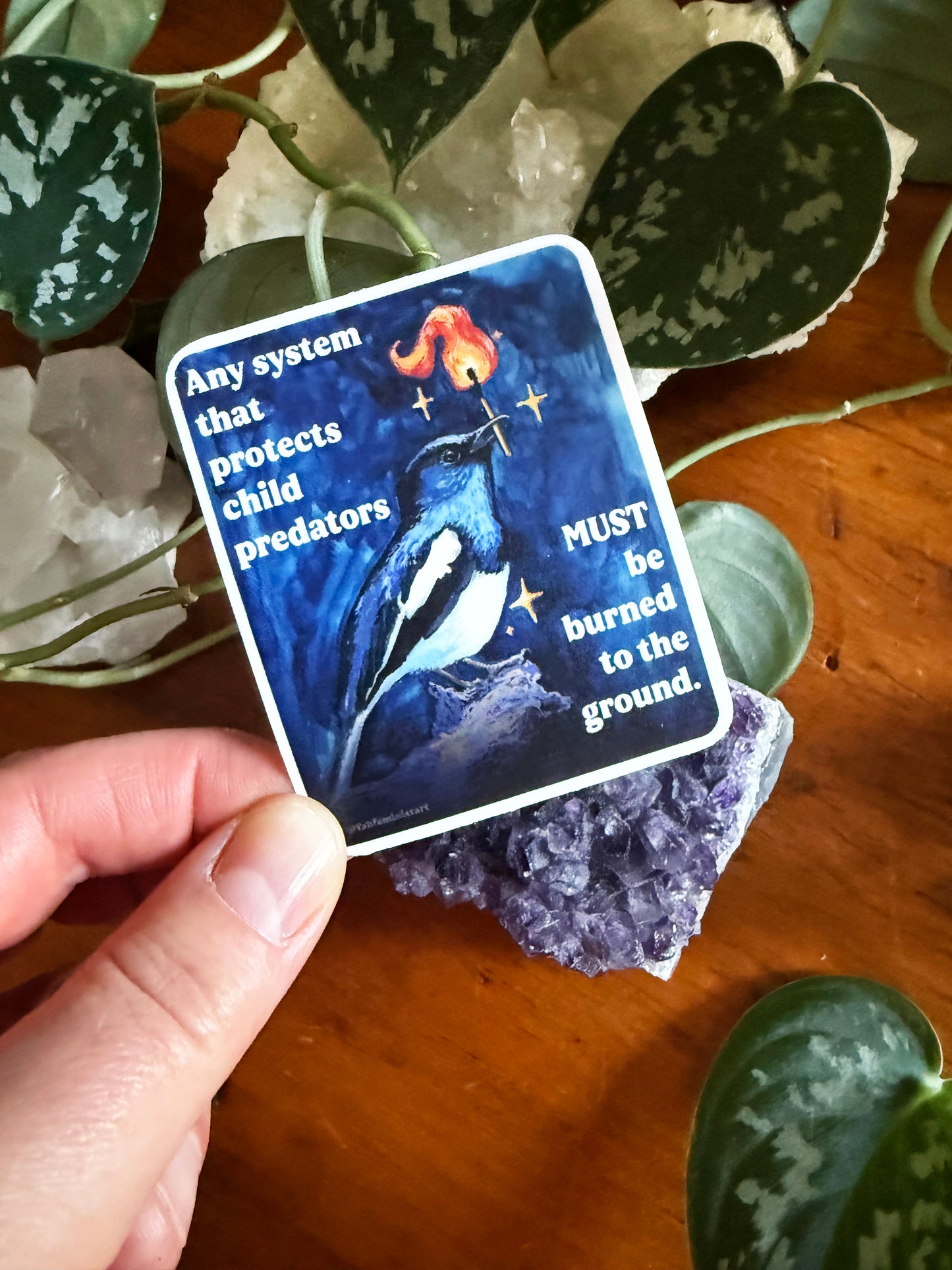 Any system that protects child predators must be burned to the ground: feminist sticker
