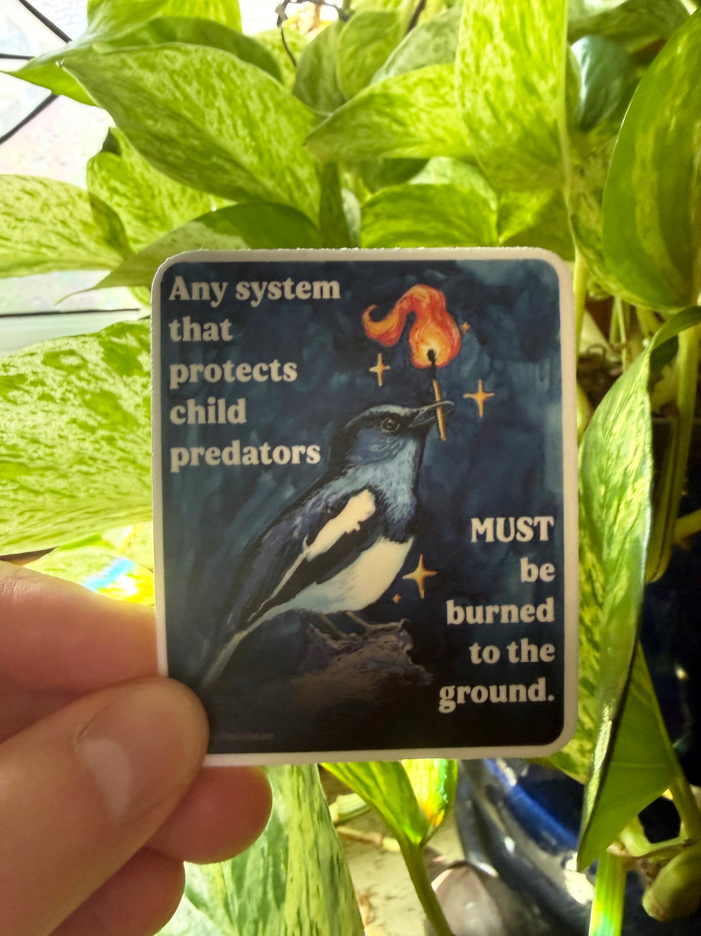 Any system that protects child predators must be burned to the ground: feminist sticker