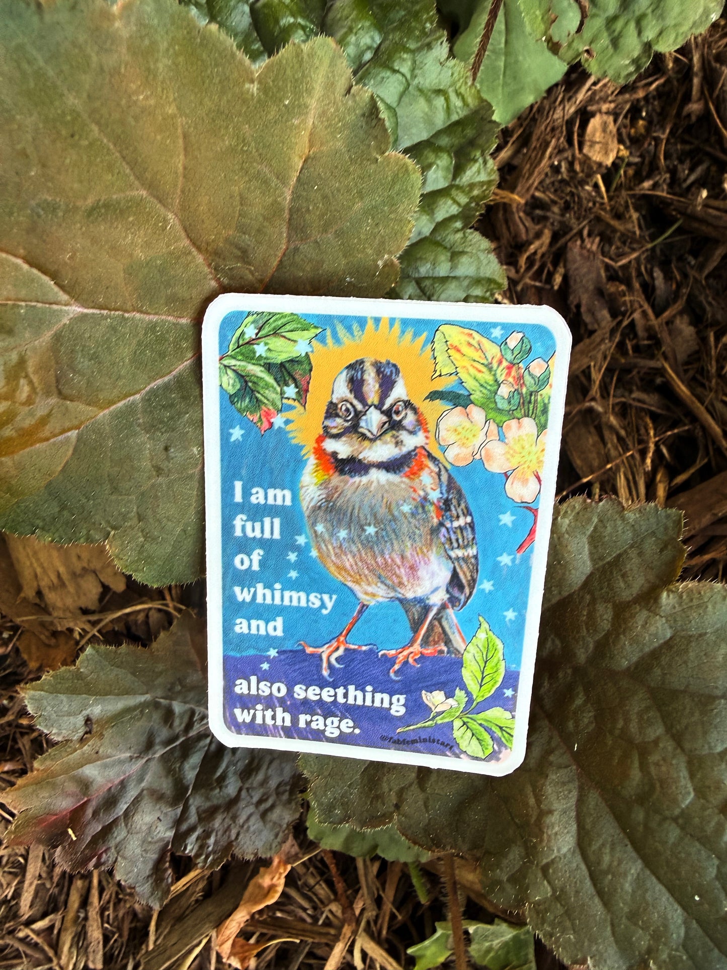 I am full of whimsy and also seething with rage: feminist sticker