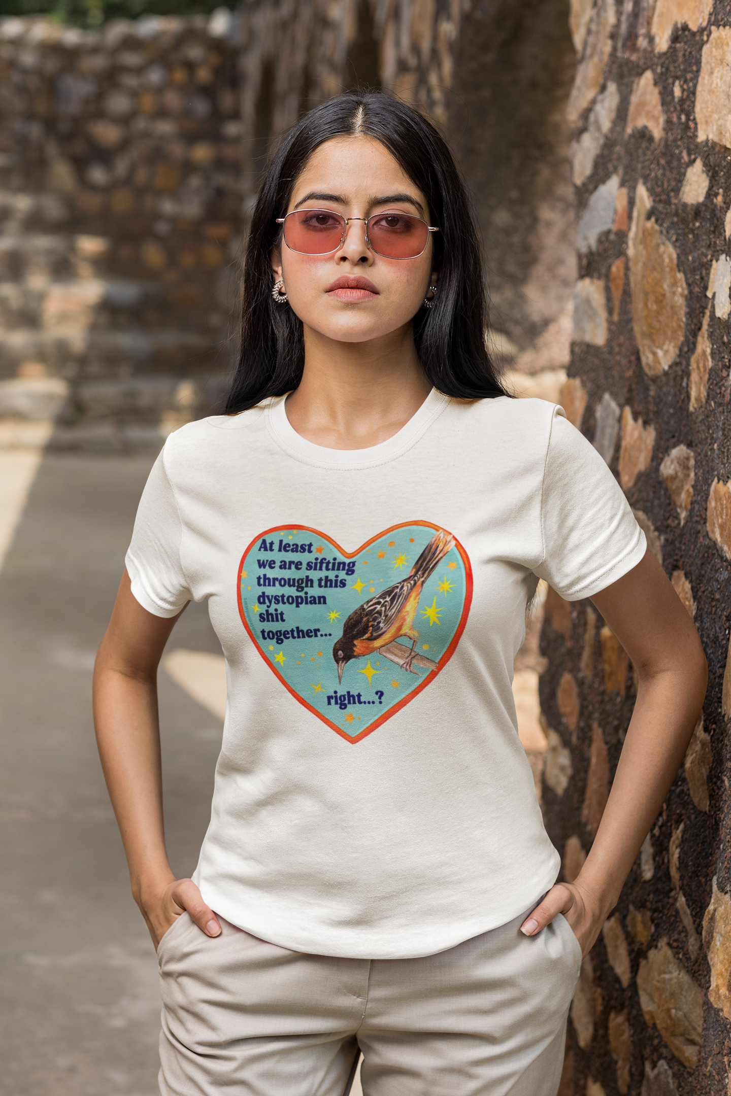 At least we are sifting through this dystopian shit together... right: feminist shirt