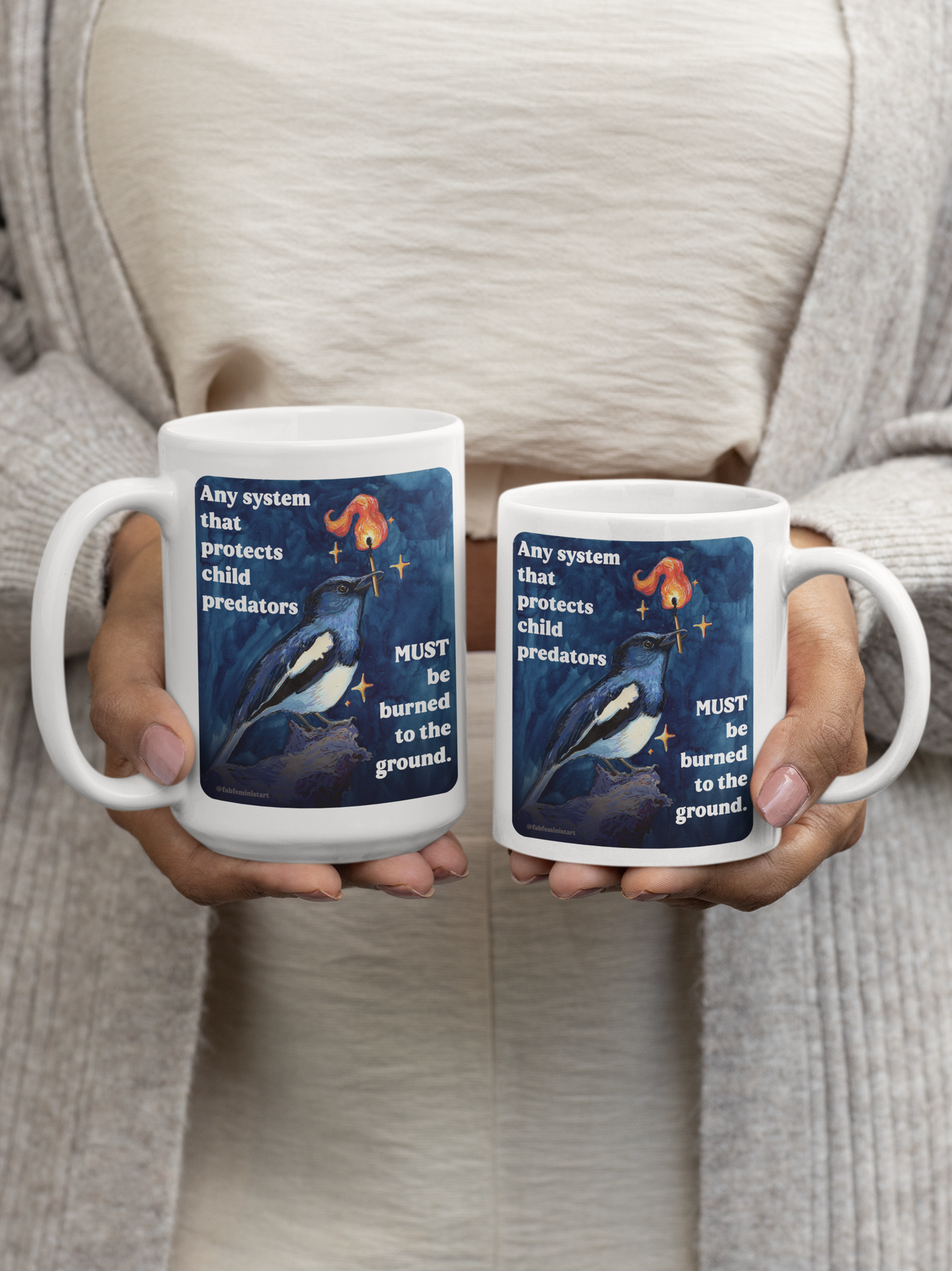 Any system that protects child predators MUST be burned to the ground: feminist mug