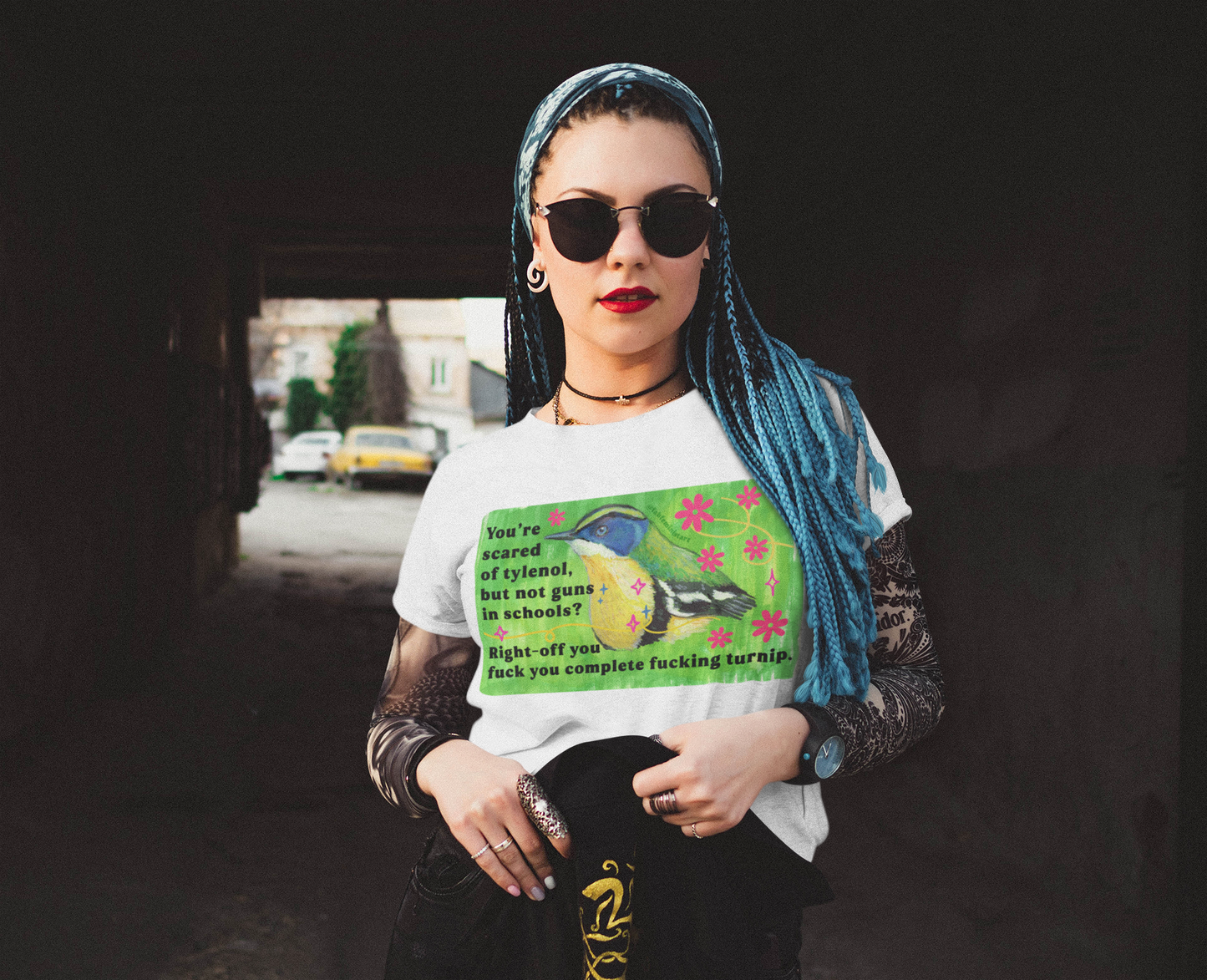 You're scared of tylenol, but not guns in schools? Right-off you fuck you complete fucking turnip: feminist shirt