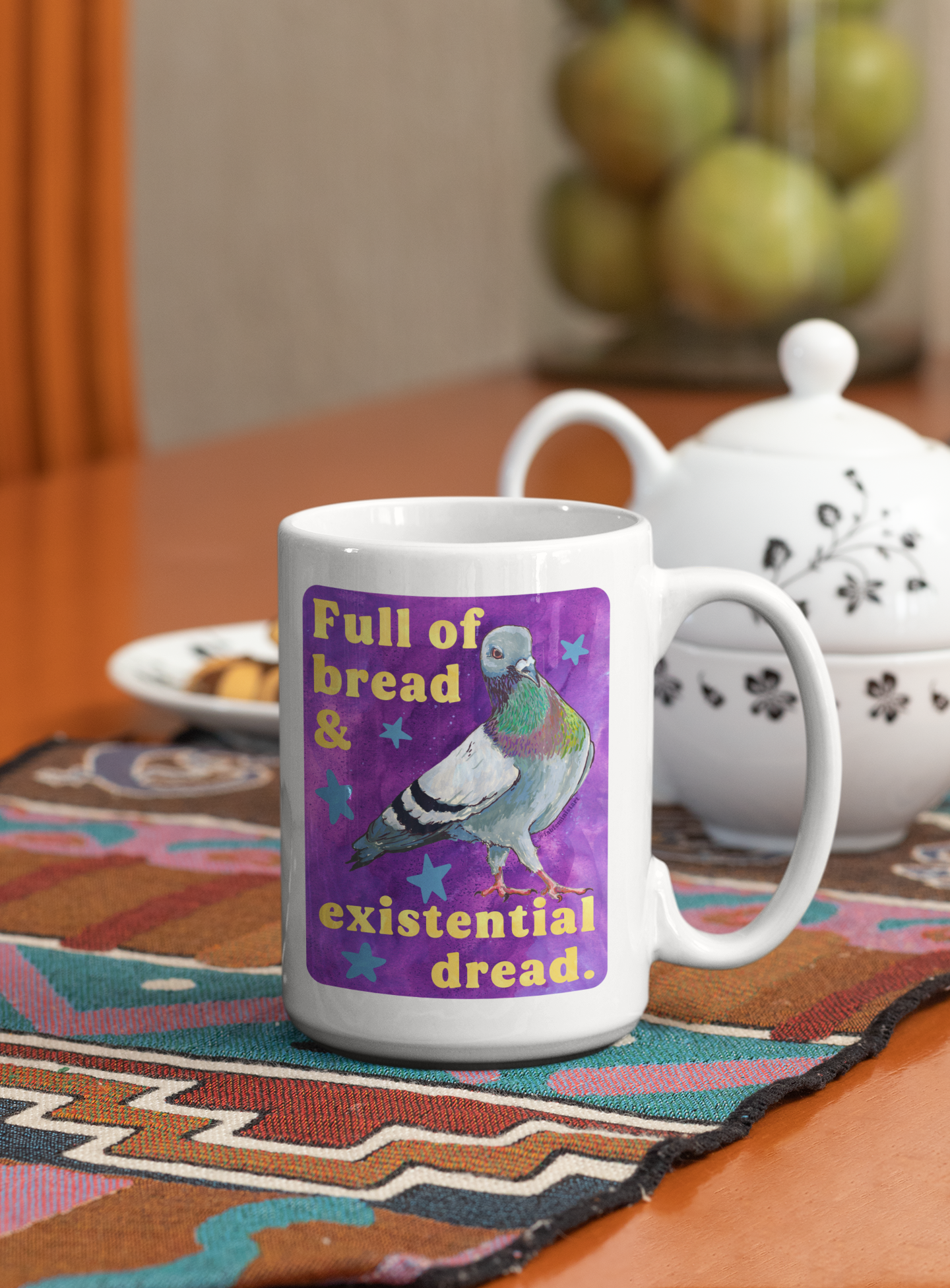Full of bread and existential dread: pigeon mug