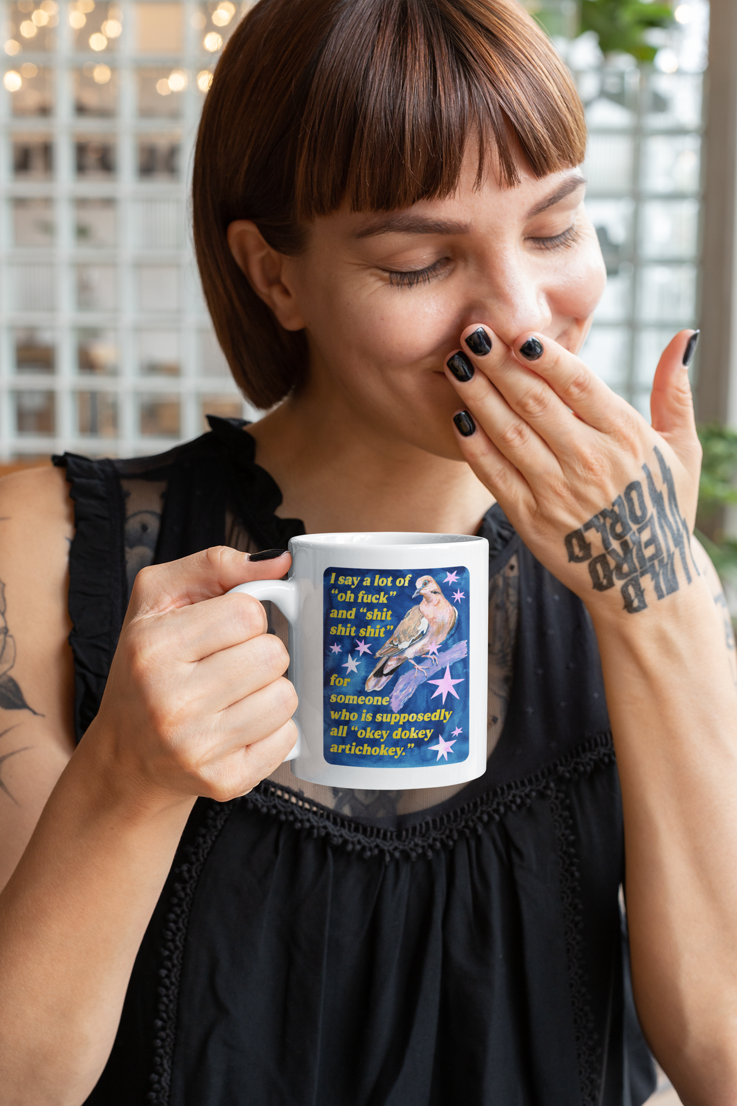 I say a lot of "oh fuck" and "shit shit shit" for someone who is supposedly all "okey dokey artichokey" : feminist mug