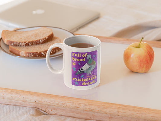 Full of bread and existential dread: pigeon mug