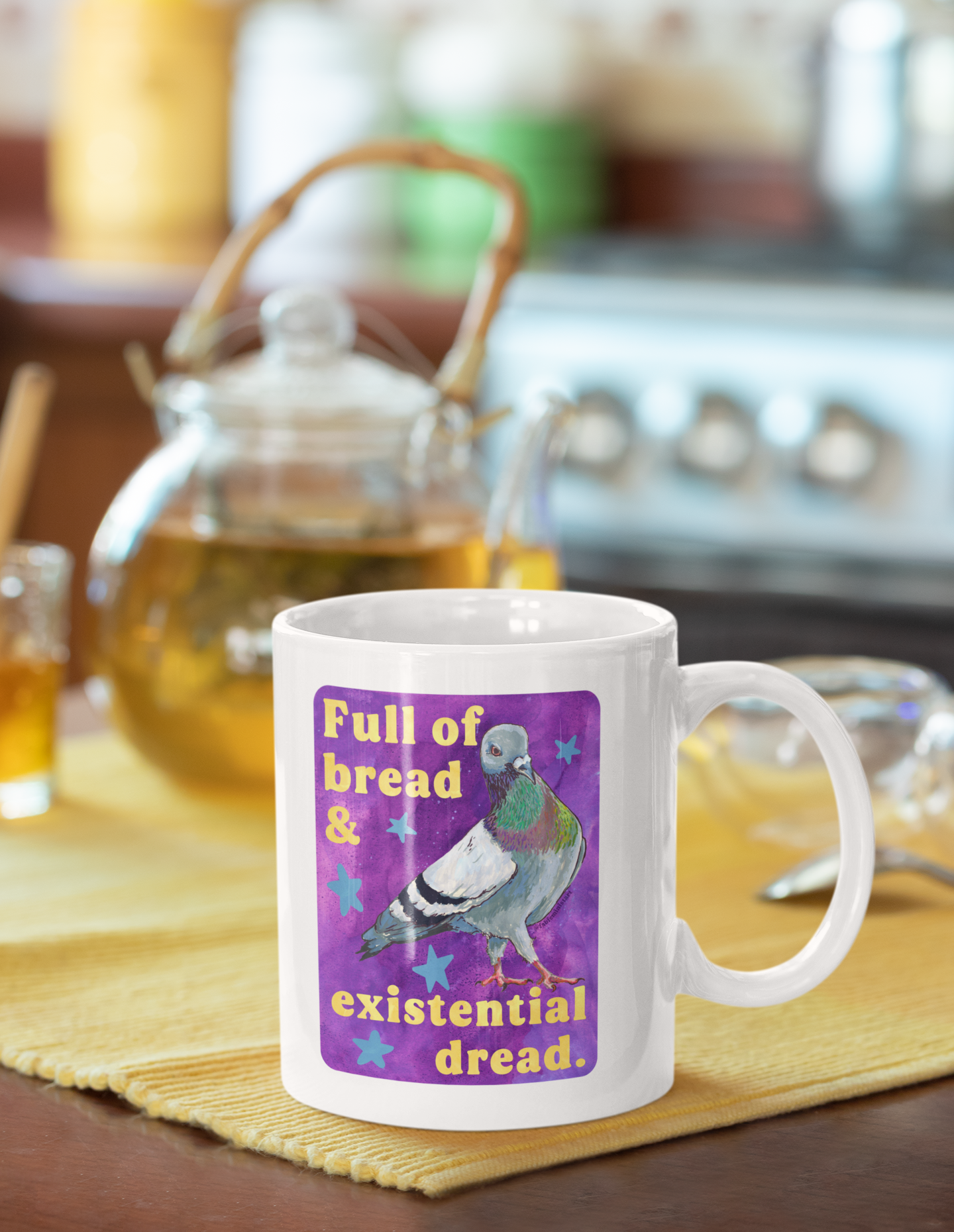 Full of bread and existential dread: pigeon mug