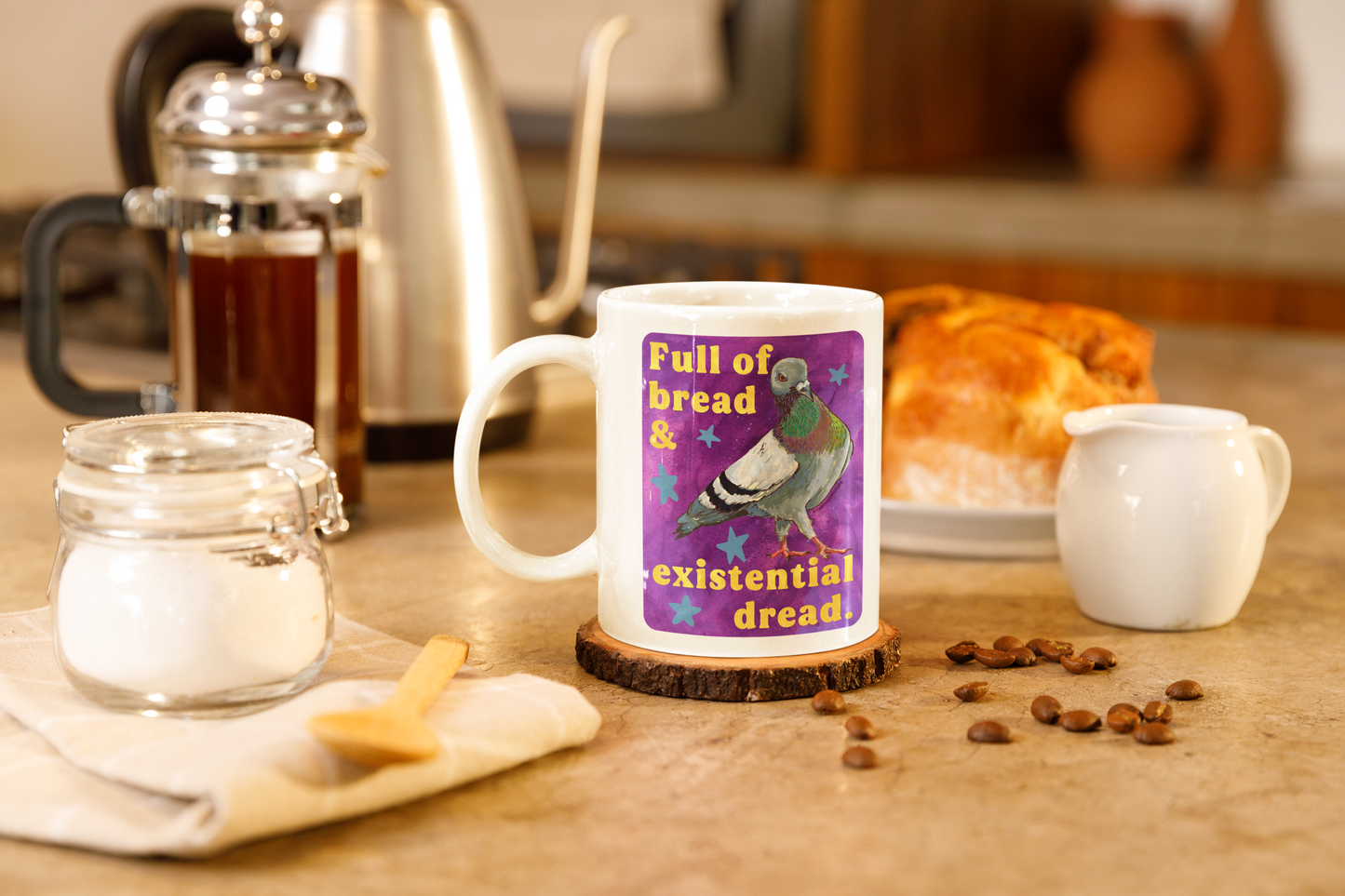 Full of bread and existential dread: pigeon mug
