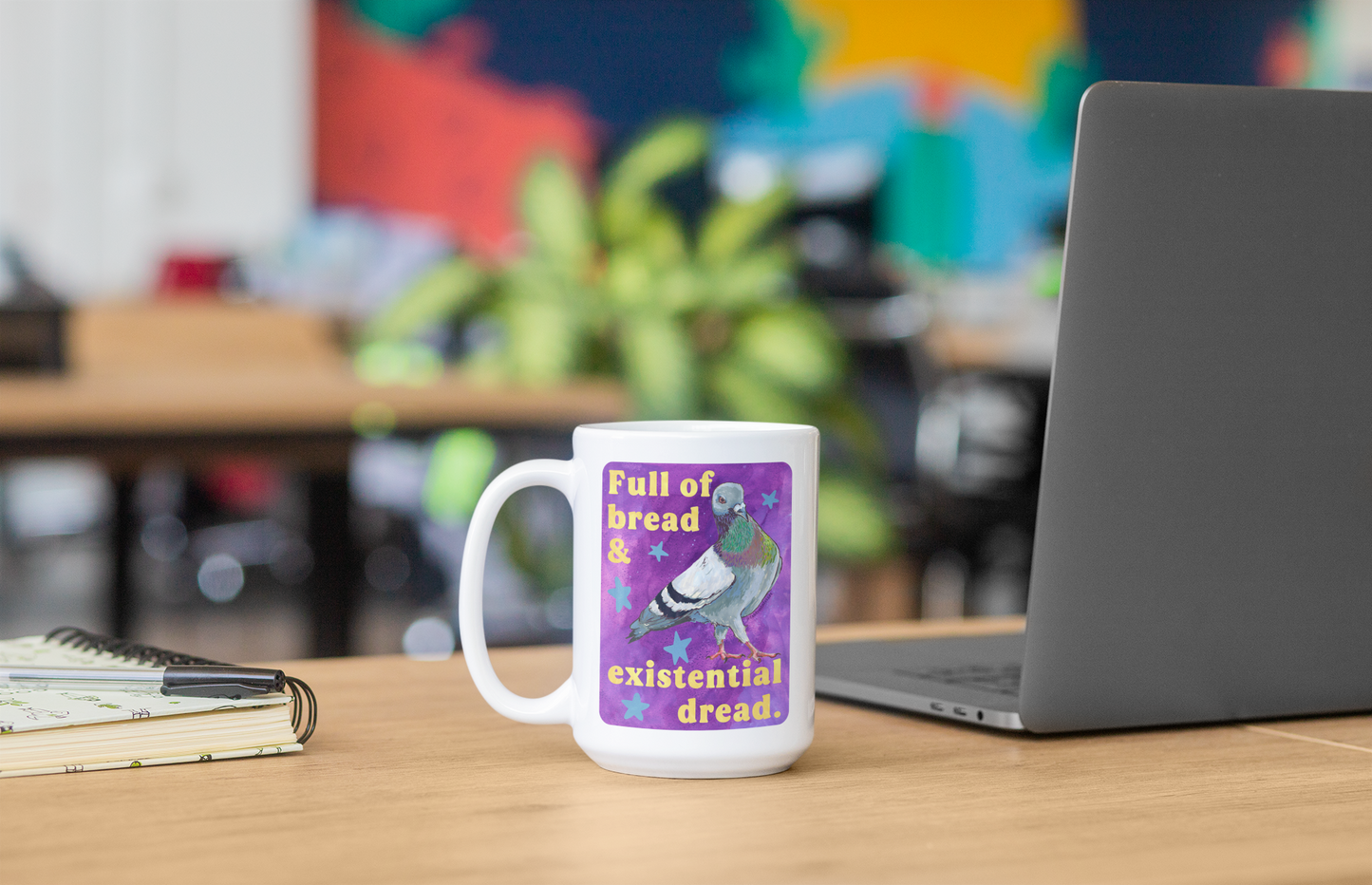 Full of bread and existential dread: pigeon mug