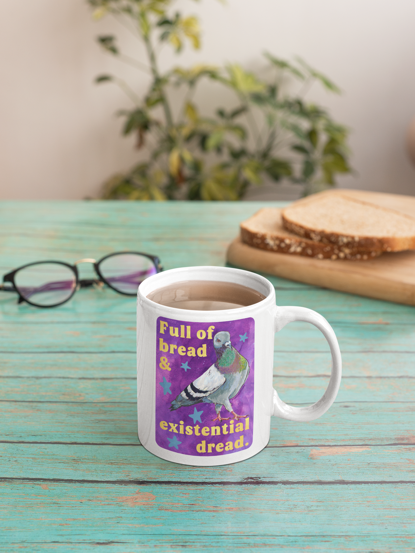 Full of bread and existential dread: pigeon mug